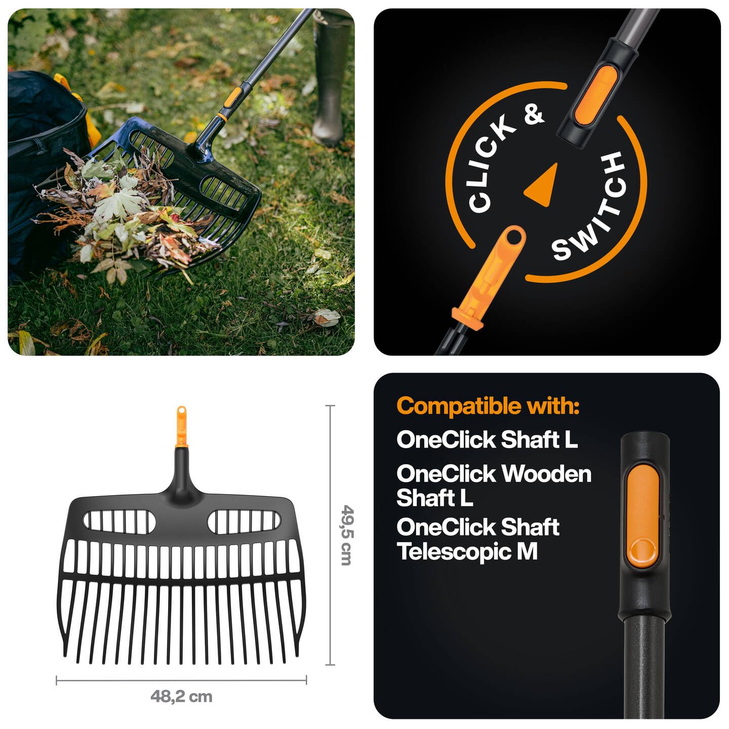 Fiskars OneClick Schaufelrechen, Vielseitiger Aufsatz zum Harken, Heben und Sieben, Müheloses Wechseln mit nur einem klick, Breites Schaufeldesign, Schwarz/Orange, 1080681