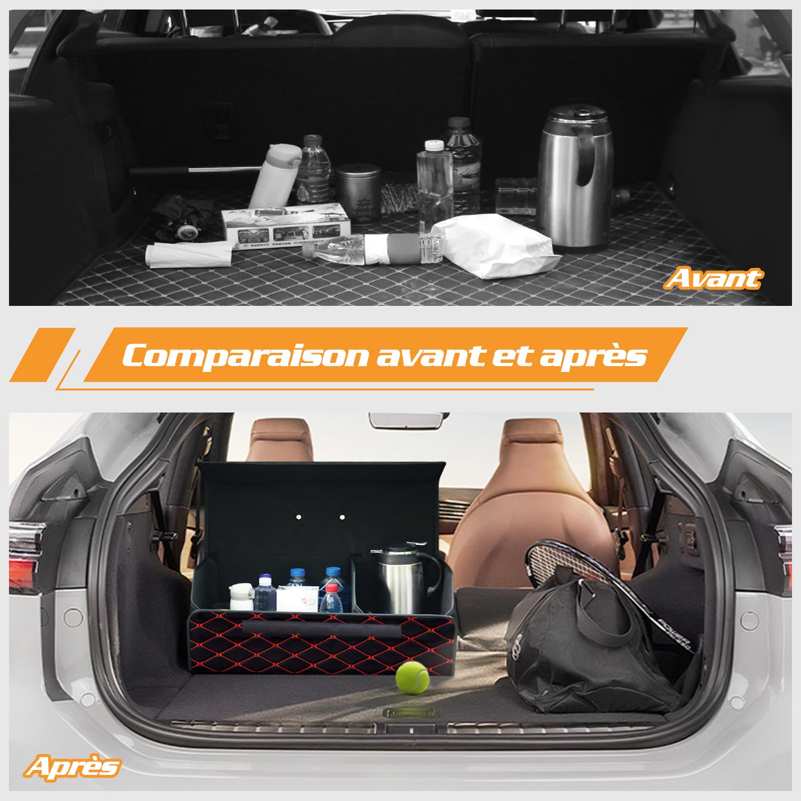 Ergocar Organisateur de Coffre de Voiture Cuir PU de Luxe Sacs pour Coffre de Voiture Grande Capacité Imperméable Organiseurs pour Auto/SUV/Camion (Noir-L)