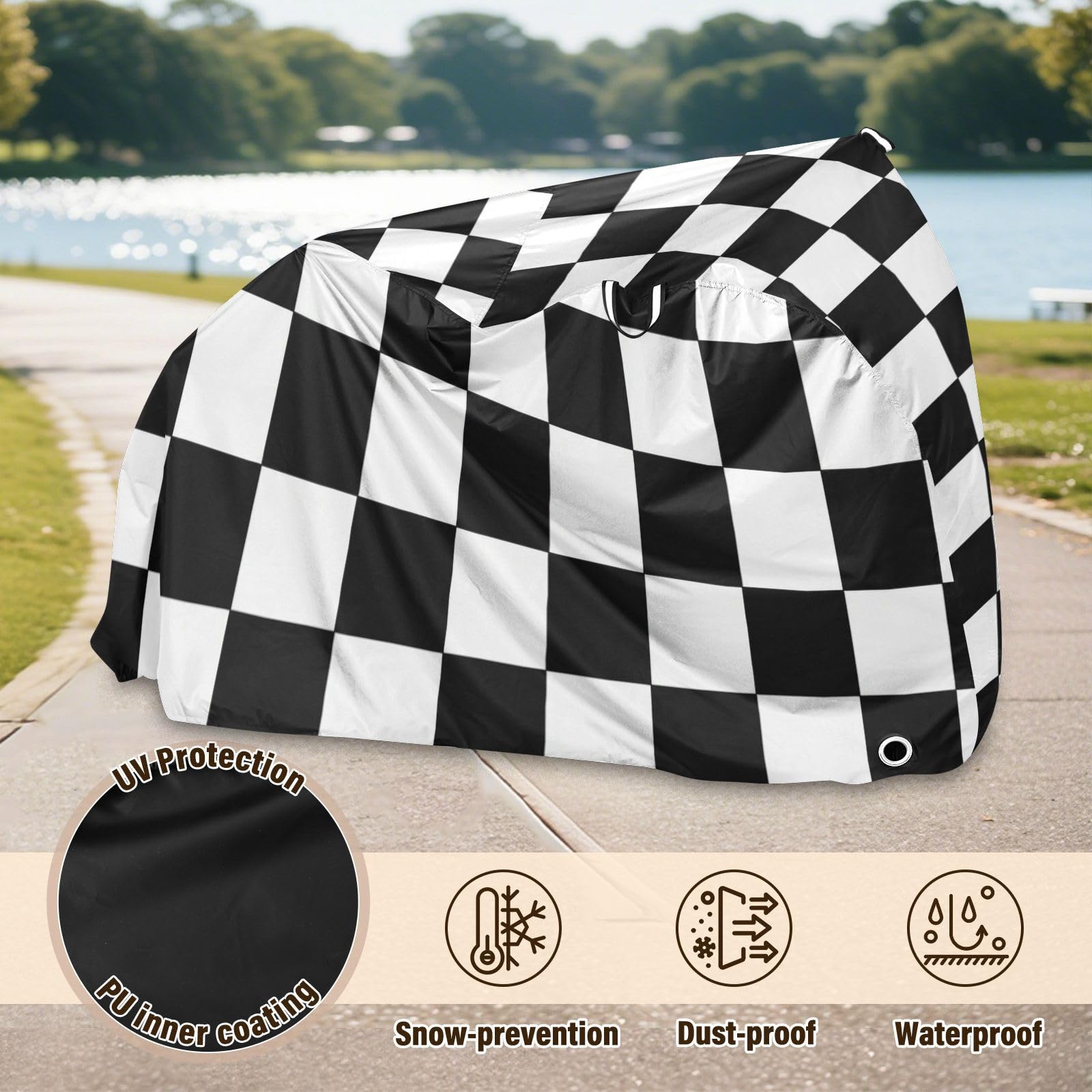 Housse de vélo imperméable à carreaux noirs et blancs avec trous de verrouillage pour intérieur ou extérieur - Convient à la plupart des protections pour vélo de route