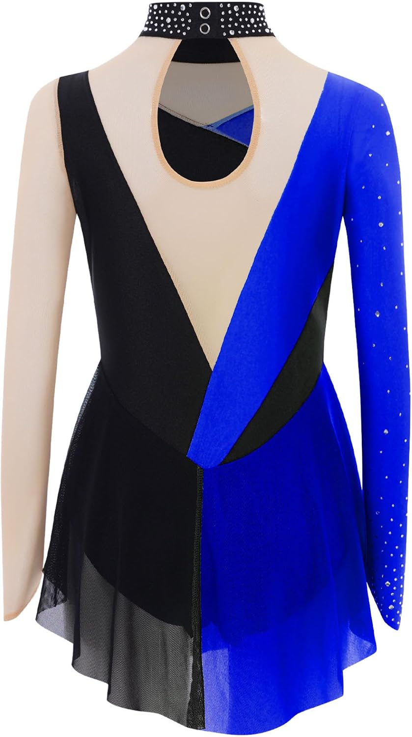 Linjinx Figure Ice Skating Dress for Girls Mesh Long Sleeve Sparkly Rhinestone Chiffon Skirted Leotard Ballet Dancewear