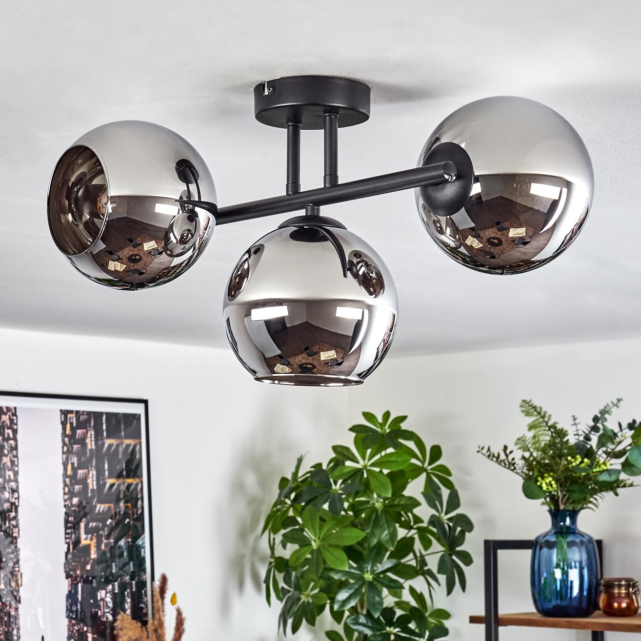 HOFSTEIN Deckenleuchte Koyoto, 3-flammige Deckenlampe aus Metall/Glas in Schwarz/Chrom-/Rauchfarben, Leuchte im Retro/Vintage-Design (Schirme Ø 15 cm), E14, Esszimmer, Wohnzimmer, Küche, Flur