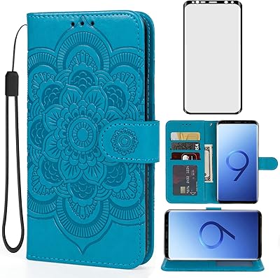 Bohefo Case for Galaxy S9 Plus/Samsung S9+ G965U Wallet Case with Tempered Glass Screen Protector, Embossed Mandala Leather Flip Credit Card Holder Stand Phone Cover for Samsung Galaxy S9 + Blue