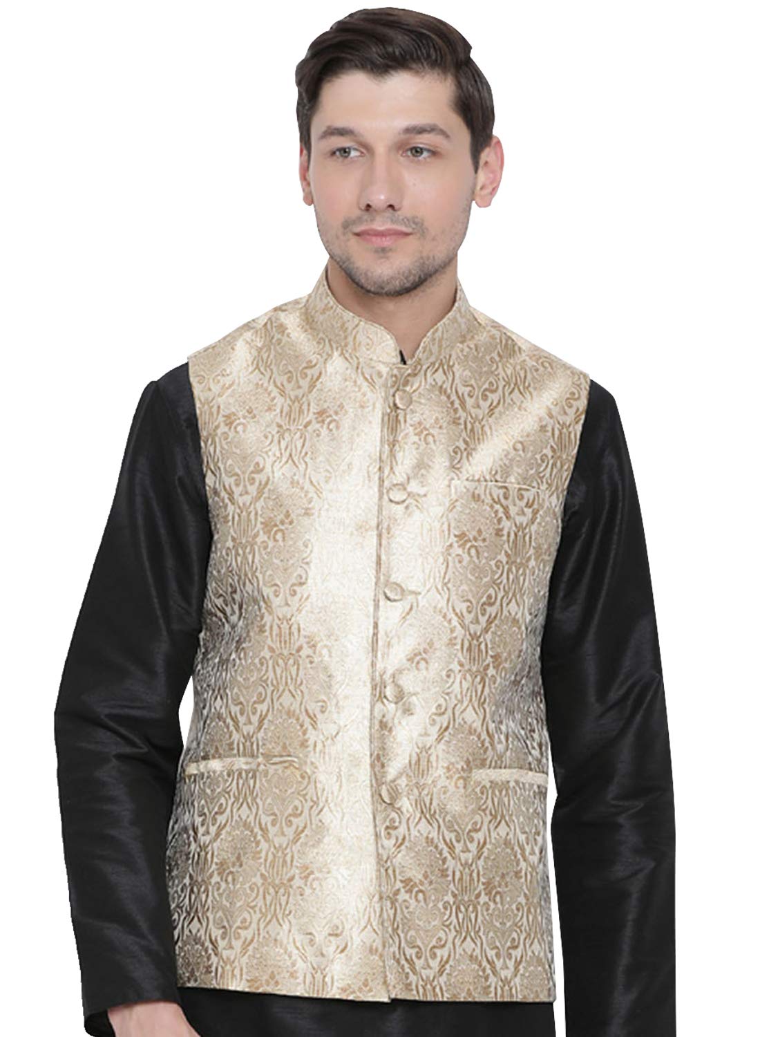 vastramay Men's Rose Gold Silk Blend Ethnic Jacket-picture-47