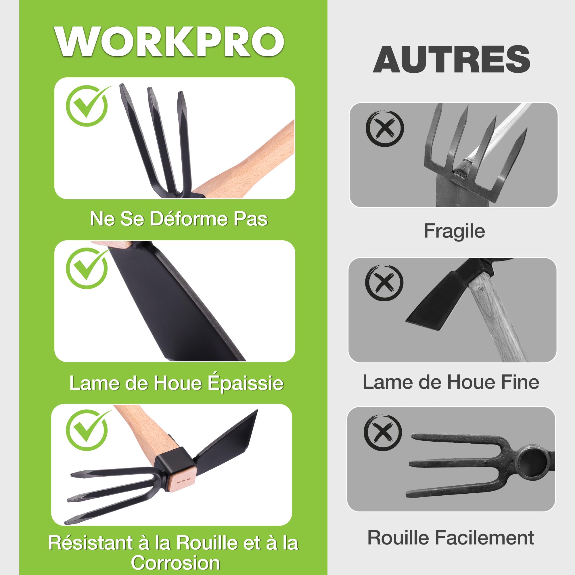 WORKPRO Serfouette Jardinage 36 cm, Houe de Jardin 2 en 1 avec Griffe de Jardin 3 Dents, Outil Jardinage Robuste avec Manche en Bois de Hêtre pour Désherber, Ameublir la Terre et Cultiver Le Sol