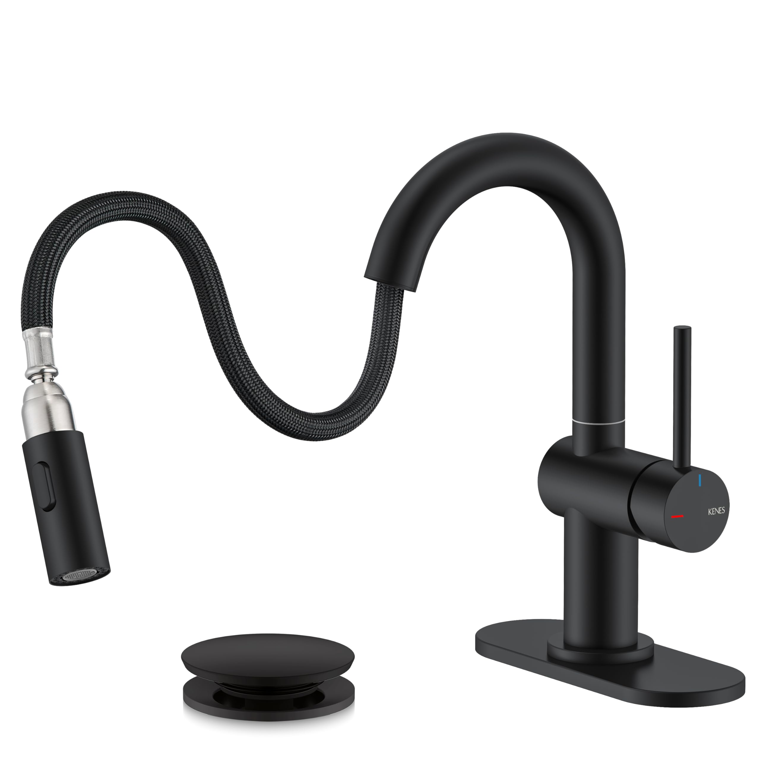 Photo 1 of KENES Pull Down Bathroom Faucet with Sprayer, Matte Black Single Handle Bathroom Sink Faucet with Pull Out Sprayer, Vanity Bar Faucet with Pop Up Drain & Deck Plate, KE-9065B-2
