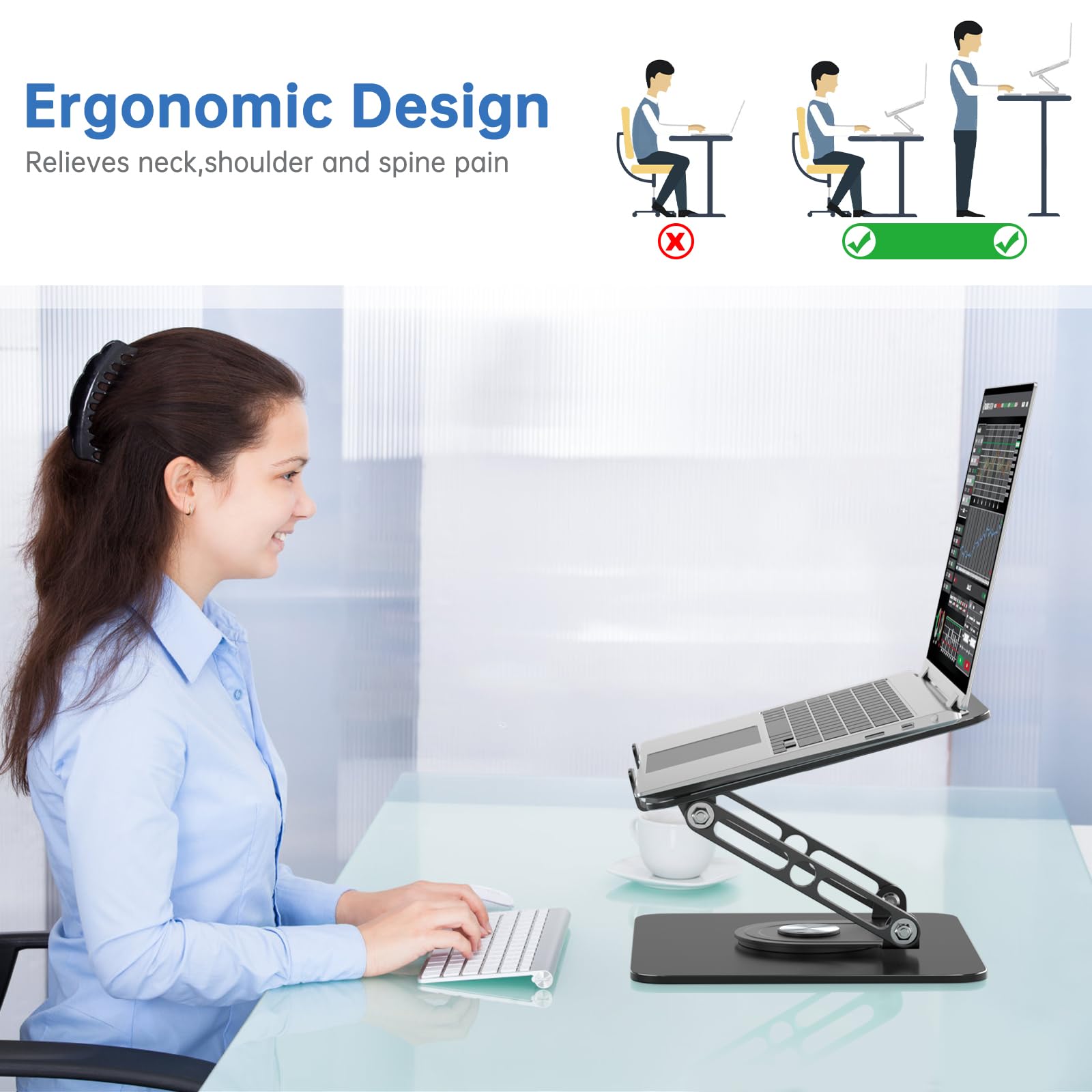 Supporto per computer portatile per scrivania regolabile con base rotante a 360 ° Supporto ergonomico per laptop per scrivania pieghevole portatile scrivania per computer compatibile con MacBook