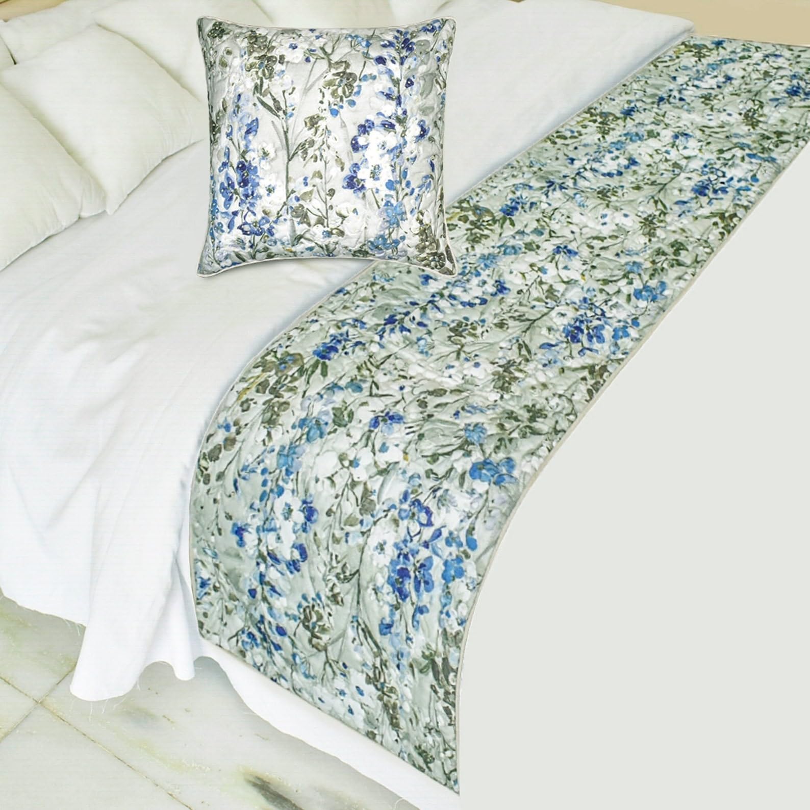 The HomeCentric King/Queen/Twin Blue Decorative Bed Runner Full 170x45 cm Bed Runner With One Cushion Cover, Quilted Bed Scarf on Cotton fabric - Garden Grace