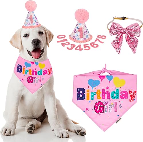 Miniatura 1 de ADOGGYGO Suministros para fiestas de cumpleaños para perros, sombrero de cumpleaños con números para perro, cachorro, bandana de cumpleaños (rosa)