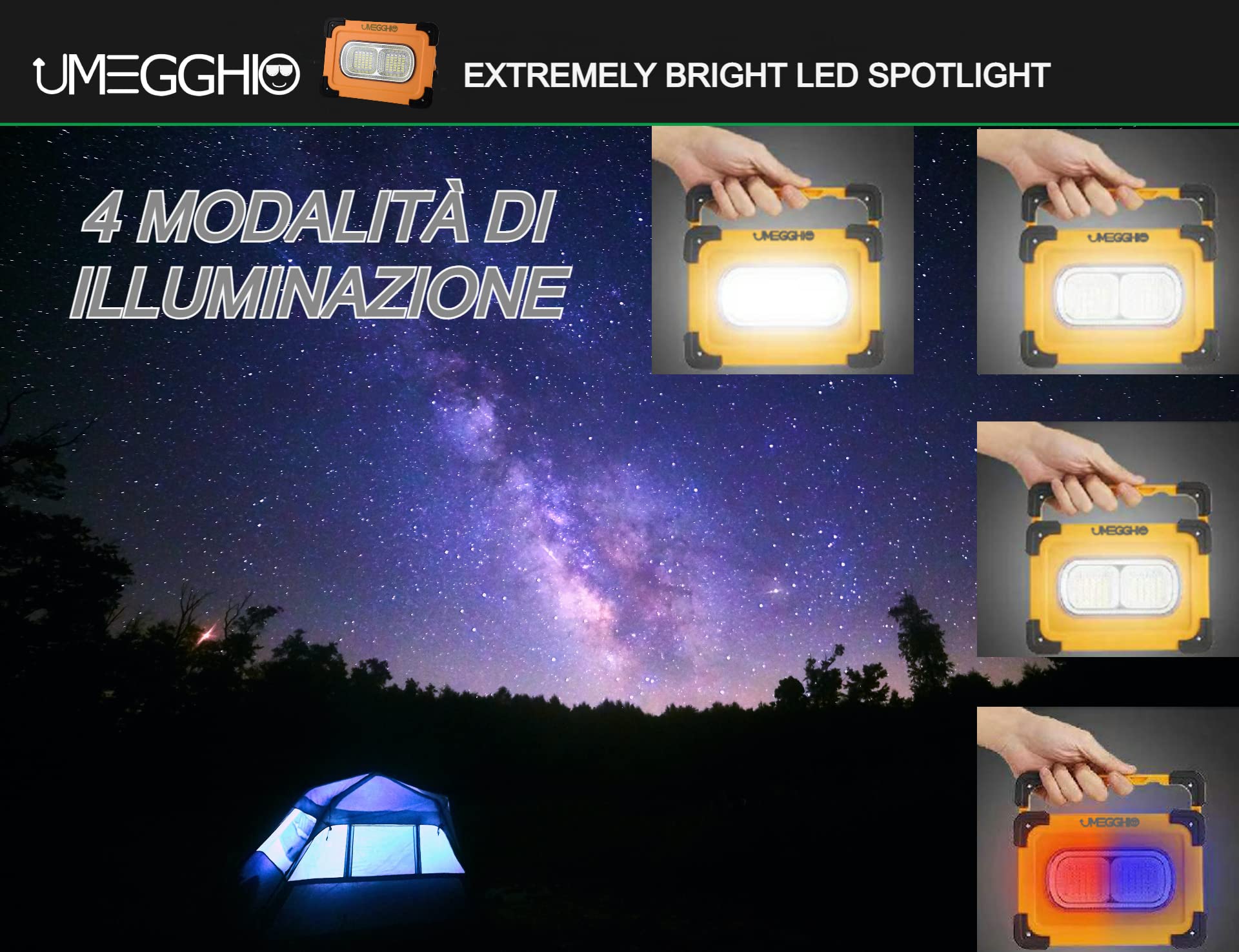 Faro LED Ricaricabile 80W UMEGGHIO - Luce Da Campeggio Solare Con Power Bank E 4 Modalità - Foto 6