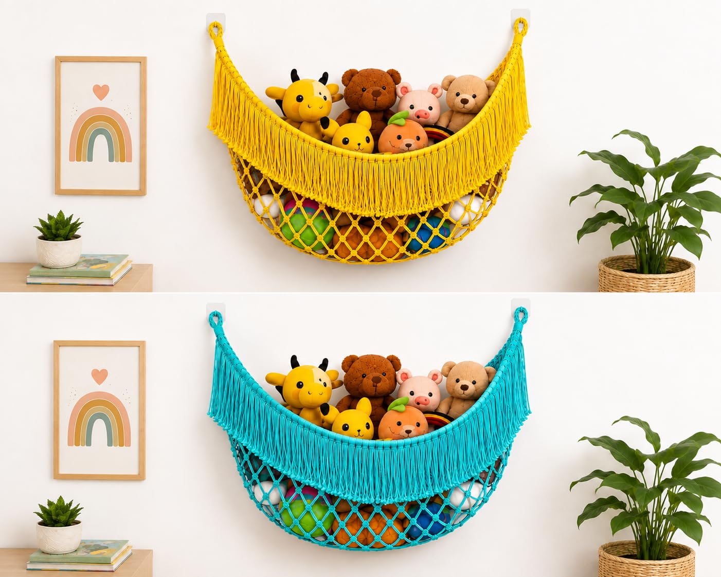 Macrame Stuffed Animal Toy Hammock Storage Net, Yellow & Teal | Wall Mounted, Fringe Design, Kids Room Organiser, Holds Plush Toys, 2 Colour Options-image-33