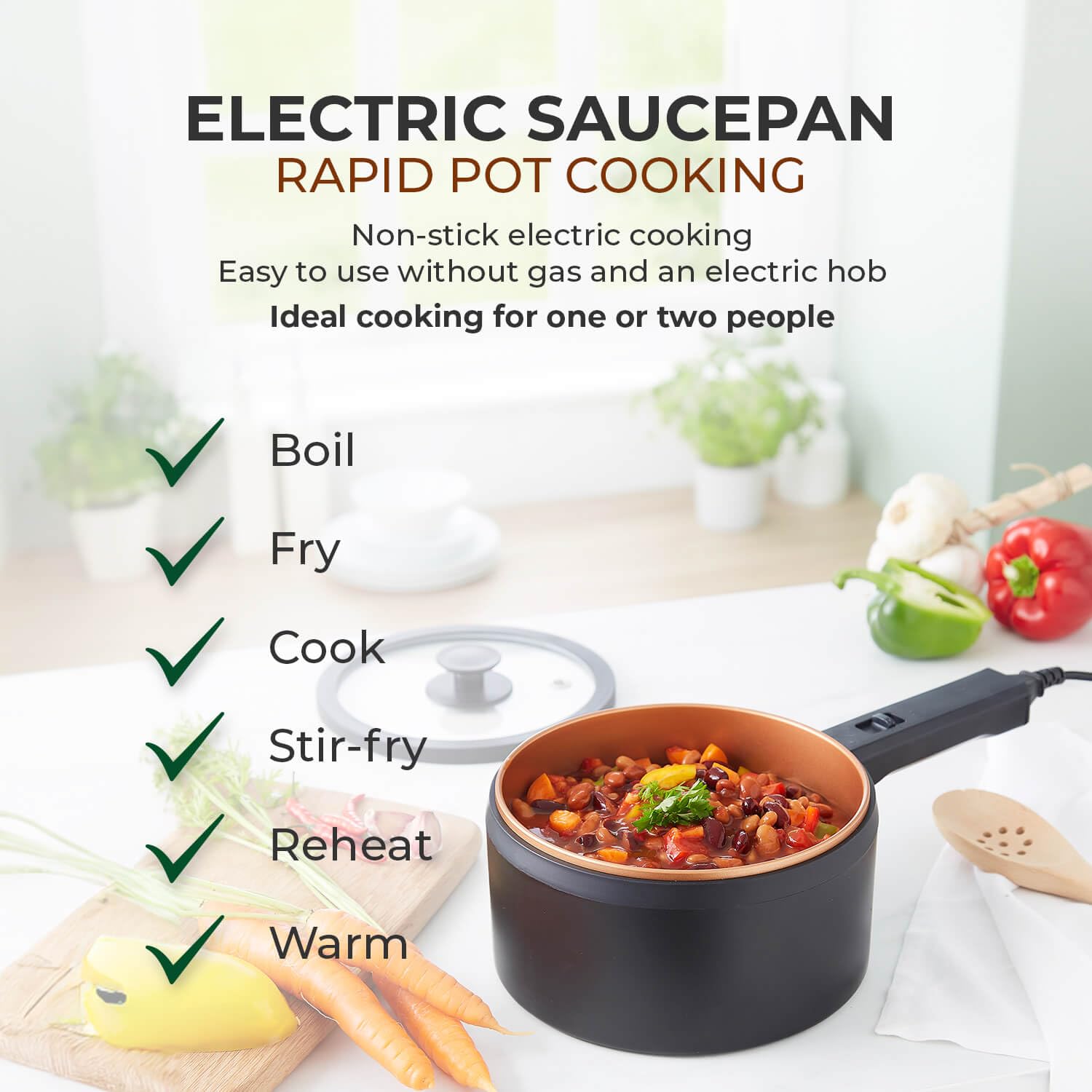 3 PAGEN® Pentola elettrica con coperchio, 2 litri, antiaderente Hot Pot multicooker, cottura senza fornello, padella elettrica, pentola elettrica con 2 regolatori di temperatura, multifunzione e