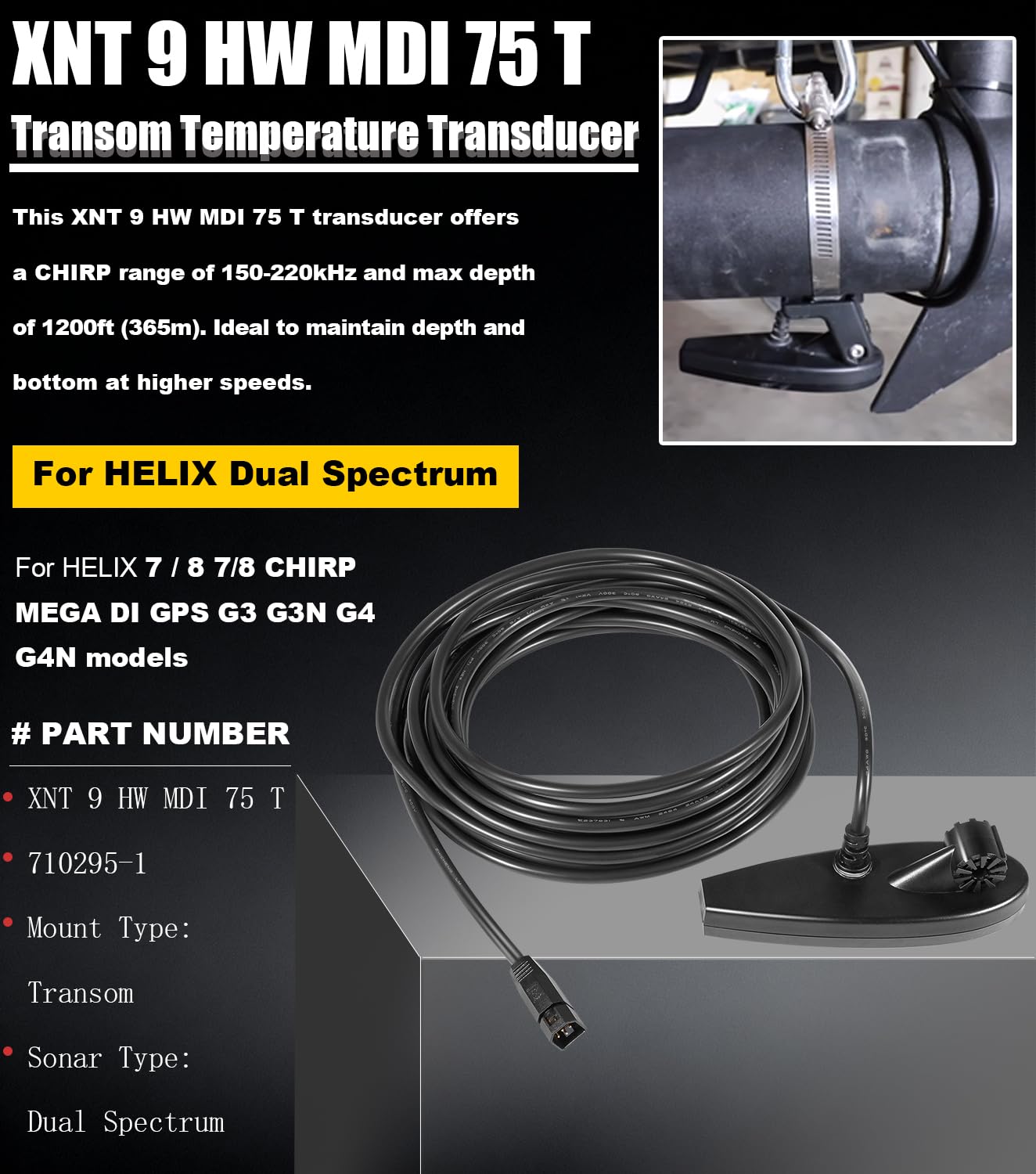 710295-1 XNT 9 HW MDI 75 T per Helix 7/8 (MEGA Down Imaging) Chirp a doppio spettro con trasduttore di montaggio dello specchio di poppa di temperatura, nero