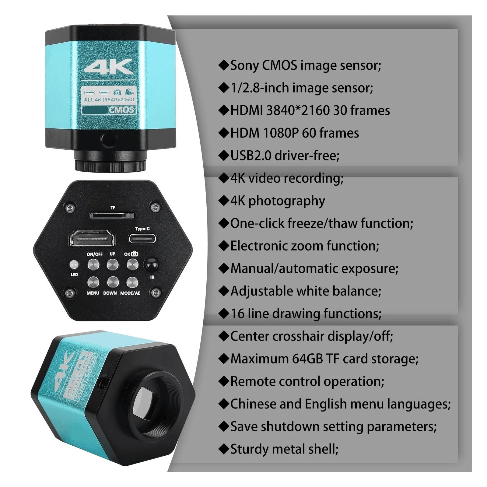 Full 4K 1080P Industrial Video Microscope HDM/I USB Digital Camera With Sensor 1-150X Zooms Remote Control(4K Ultra HD Set B)