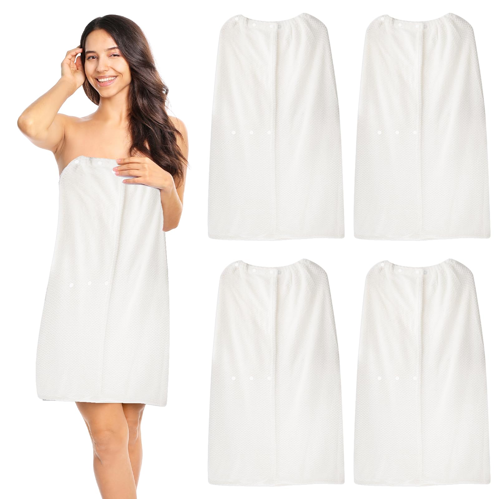 Lot de 4 Serviettes Enveloppantes Femme, Boutons Pression, Blanc, 85 cm | Paréos de Bain Doux et Absorbants avec Haut Élastique pour Spa, Sauna, Hammam, Piscine, Hôtel et Salon de Beauté