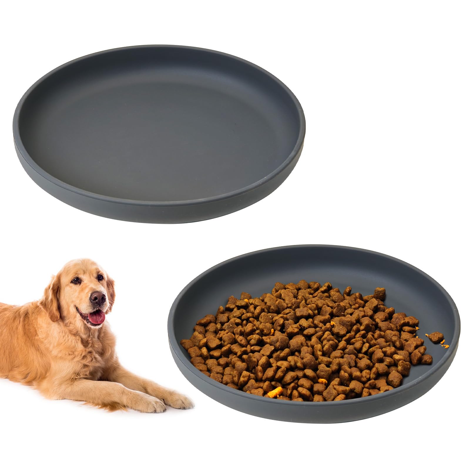 BNOSDM Silicone Dog Bowl Non-Slip Cat Food Plate 2 Pcs Flat Dog Bowls with Suction Cup Shallow Puppy Food and Water Dish for Small and Medium Pets (Steel Gray)