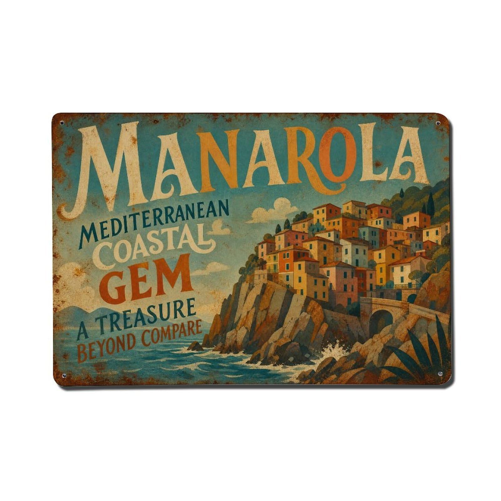 Vintage Travel Manarola Mediterranean Coastal Gem Metal Tin Sign