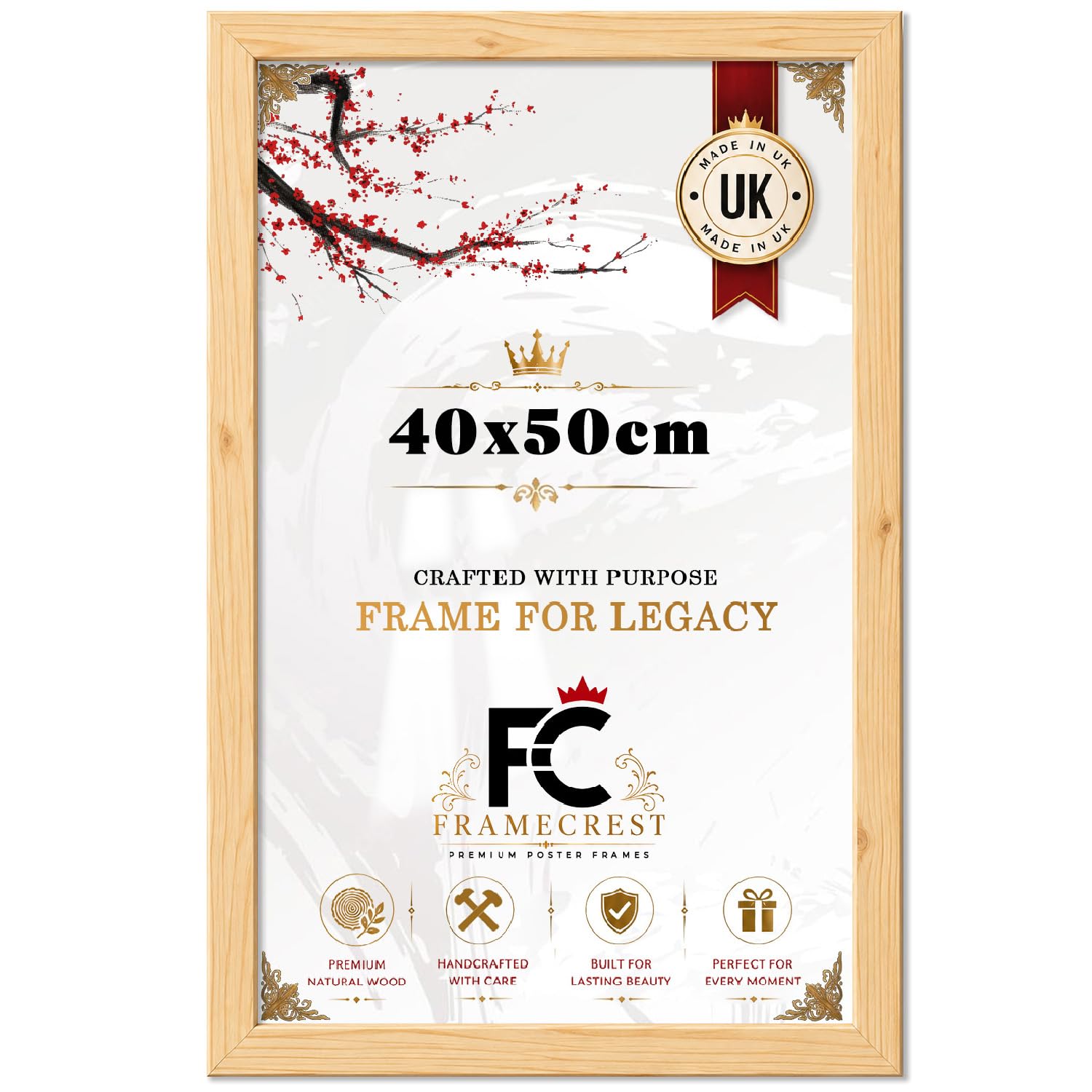 FRAMECREST Elegant MDF Poster Frame 40x50cm Standard Size | Engineered Wood/MDF | Landscape or Portrait Display | Photo Frame Gift for Family Friend Wedding Birthday - [Pine]