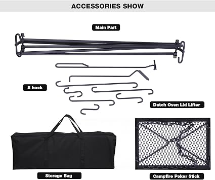 REDCAMP Swing Campfire Grill Stand - Collapsible Campfire Cooking Rack with 6 Hooks & Iron Grill Grate, Portable Dutch Oven Hanger for Outdoor Camping, Cookware, Bonfire, Rectangle