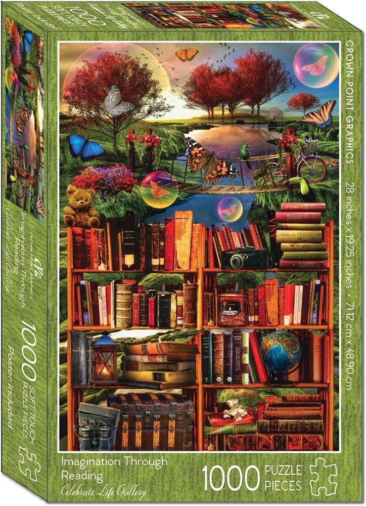 Crown Point Graphics Imagination Through Reading - 1000 Piece Soft Touch Jigsaw Puzzle - Art from Celebrate Life Gallery - Soft Touch Design - Fantasy Bookshelf Puzzle with Butterflies and Bridge