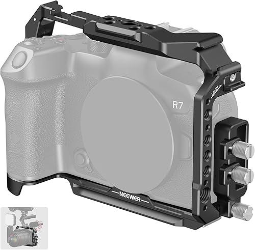 NEEWER Jaula para cámara R7 compatible con Canon EOS R7, soporte de video de aluminio con abrazadera de cable HDMI, riel OTAN, zapata fría, ARRI de