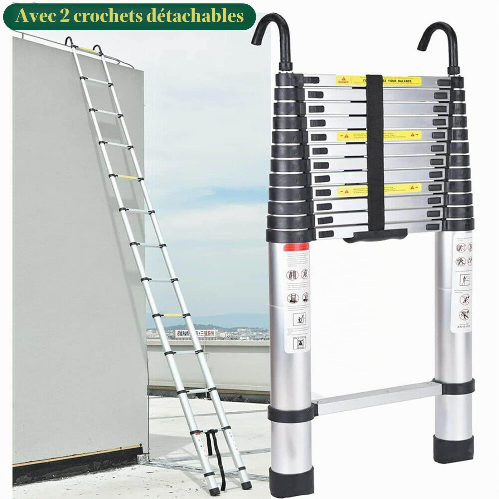 Échelle Télescopique 6m avec Crochets Echelle de Toit, Échelle Extensible en Aluminium, Escabeau Telescopique Échelle Multifonctionnelle Antidérapant pour Maison, Grenier, Jardin, Charge 150kg