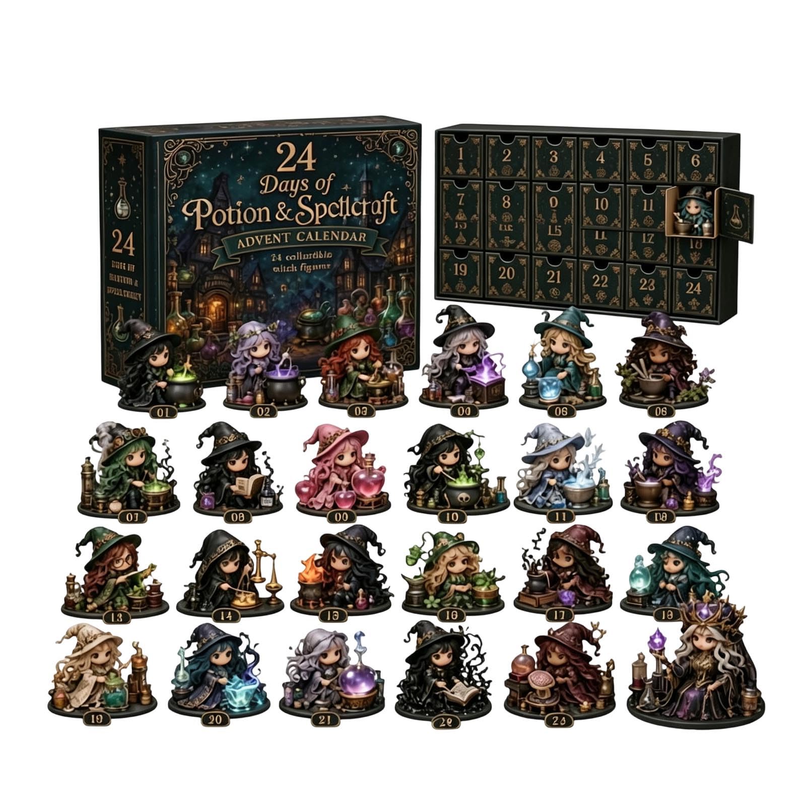 24 Days of 2D Acrylic Witchy Magic Advent Calendar 24 Witch Figurines Collectible Figures Mystery Surprise Desktop Decor Halloween Theme Girls & Witch Lovers