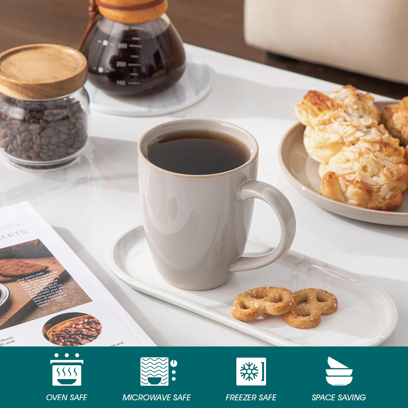 vancasso PLAYA - Juego de 6 tazas de café de cerámica de 16 onzas con asa para café con leche, té, capuchino, leche, cacao, microondas y lavavajillas, color blanco