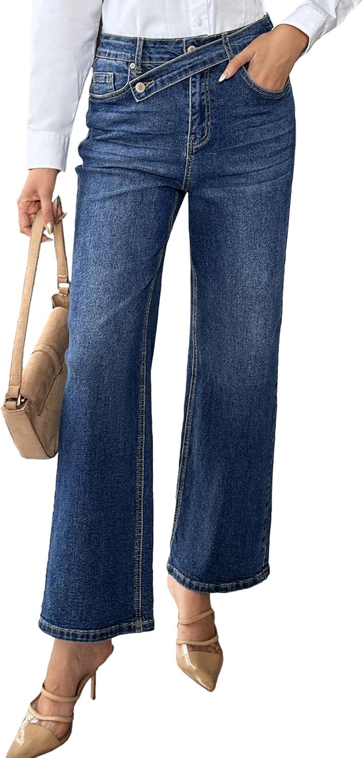 EVALESS Jeans for Women Trendy 2025 Overlap Waist Straight Wide Leg Stretchy Denim Pants - Image 3