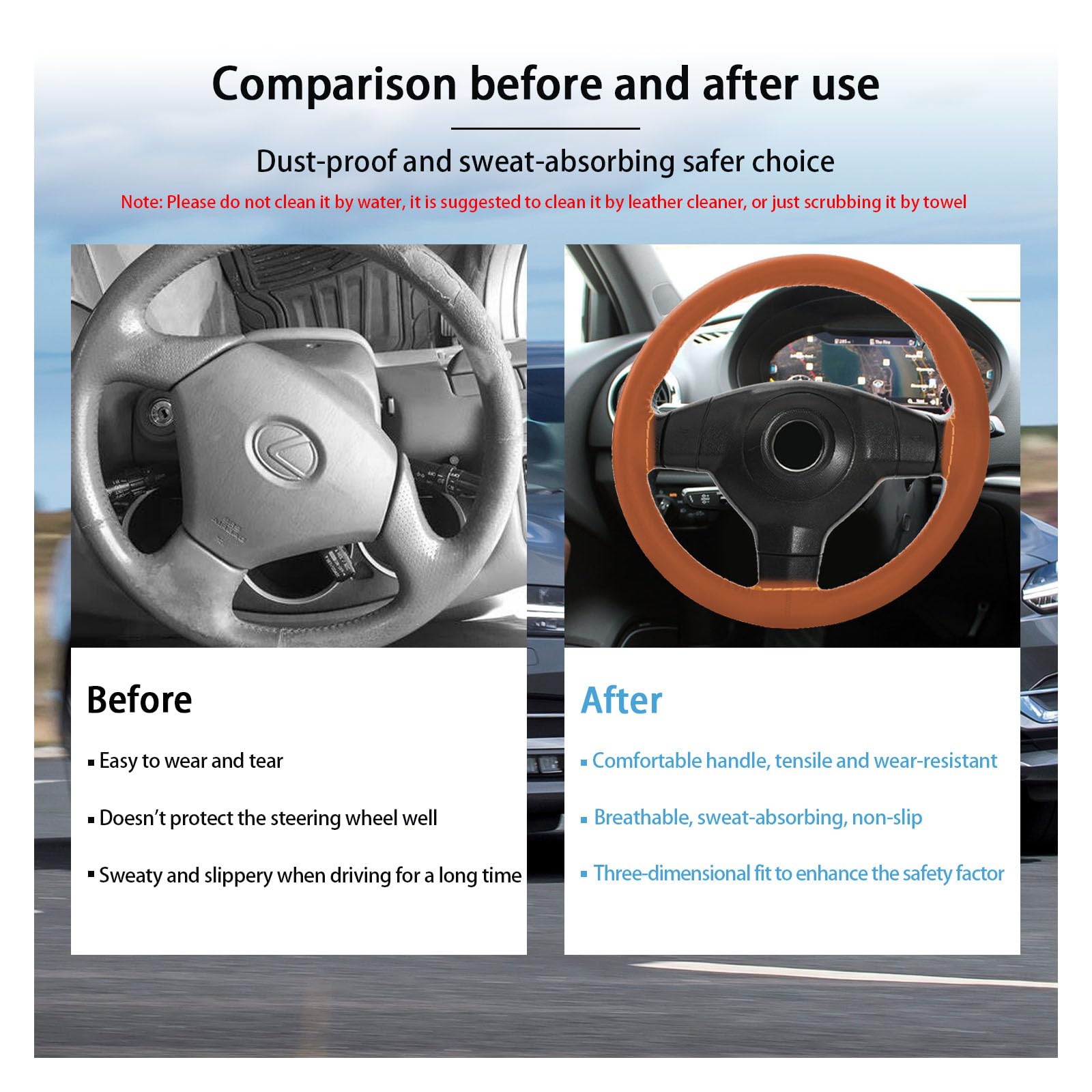 Genuine Leather Steering Wheel Cover, Stitch On Wrap, Breathable Anti-Slip Car Steering Wheel Protector For Max Diameter 15 Inch, DIY Sewing With