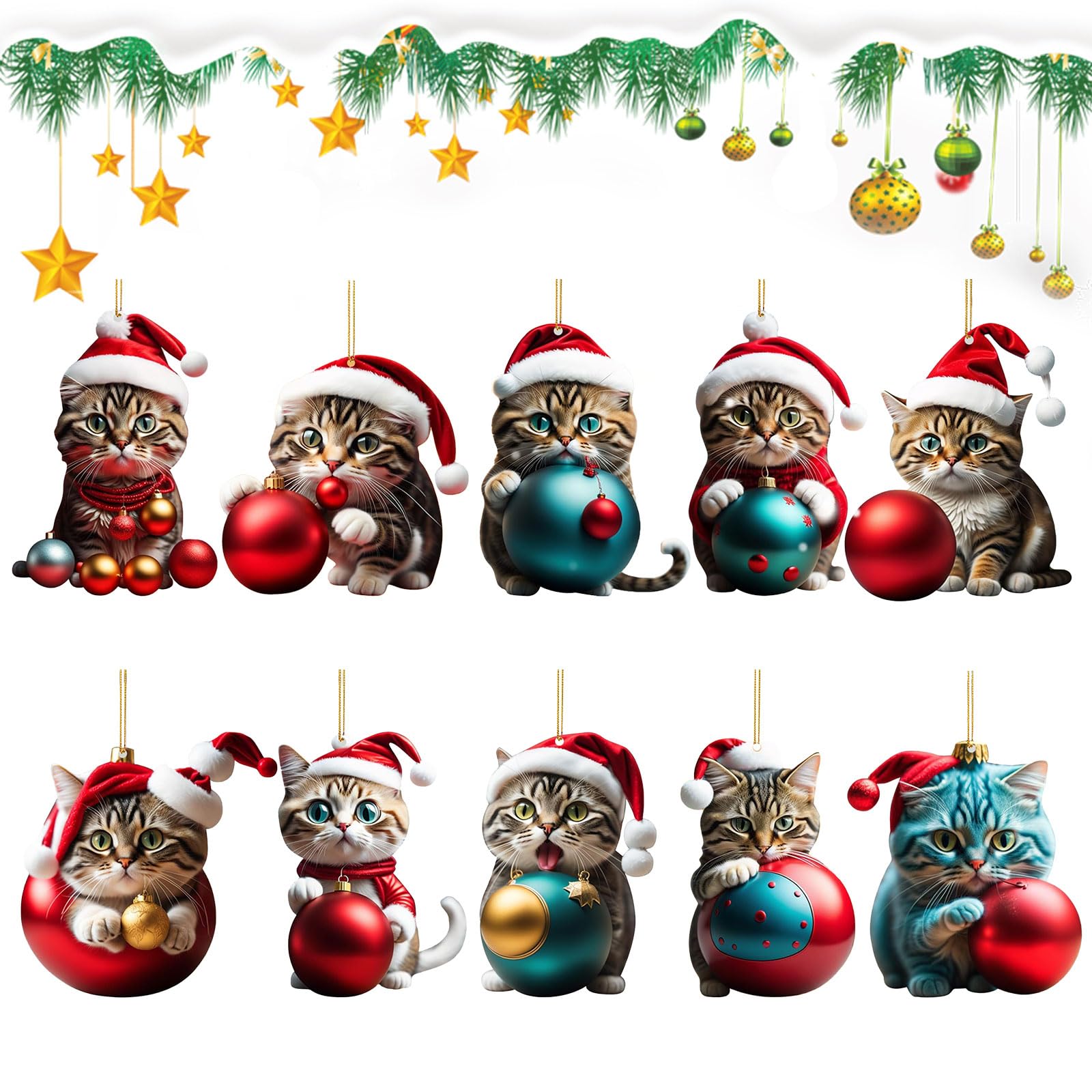 Ellxen 10 Colgantes de árbol de Navidad de Gato, acrílico 2D, Adornos para árbol de Navidad, Regalos, Divertidos Colgantes de Navidad, decoración de Navidad para Porche, Pasillo, Oficina, Dormitorio,