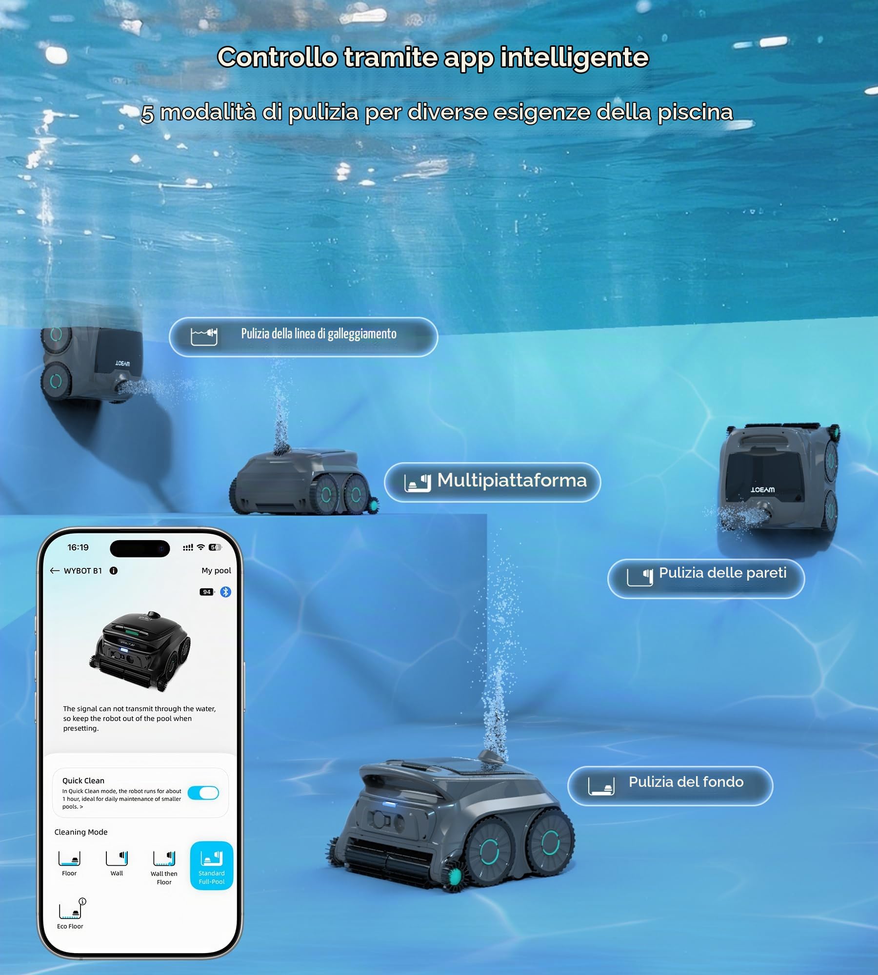 WYBOT OS600 Robot Piscina, Senza Fili, Pulizia Fondo E Pareti, Autonomia 120 Min, Navigazione Intelligente, Parcheggio Automatico, per Piscine Interrate E Fuori Terra, Verde Chiaro Nebbia