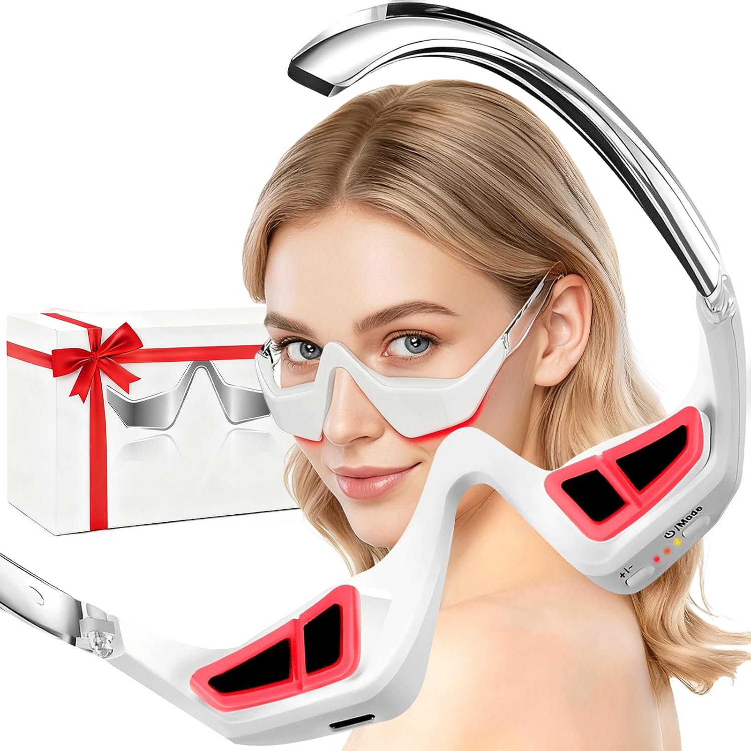 Under Eye Red Light Therapy Device with Glasses Strap, Red Light Therapy Glasses with Microcurrent, Light-Weight Eye Massager, Red Light Therapy for Eyes Bags,Dark Circles, Eye Fatigue, Puffiness White