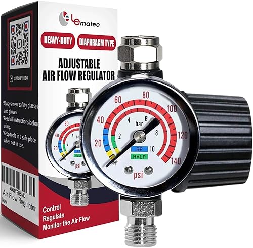LE LEMATEC Válvula reguladora de pistola pulverizadora con manómetro, control de diafragma de flujo de aire de 1/4 NPT hasta 140 PSI para compresor