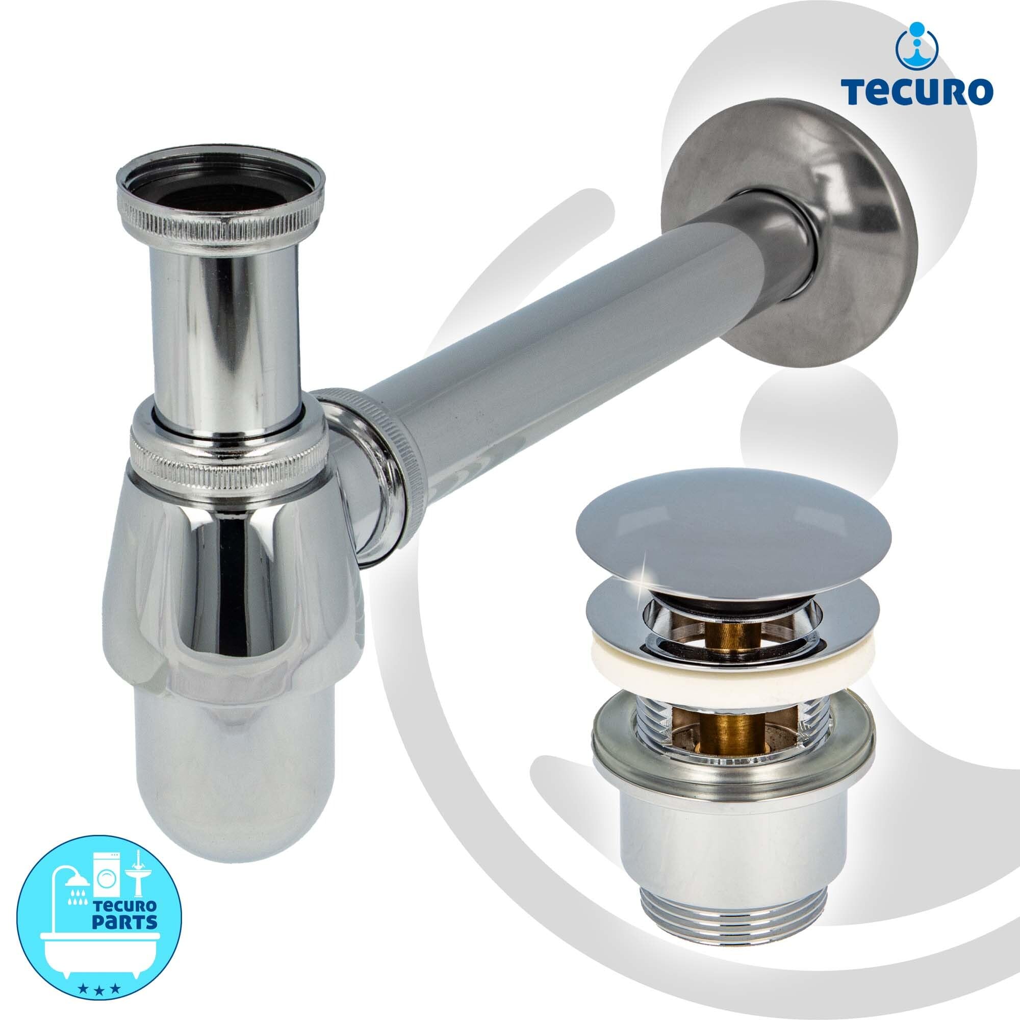 tecuro Siphon extra lang mit Pop Up Ablaufventil verchromt - Universal Set für Waschtisch/Waschbecken