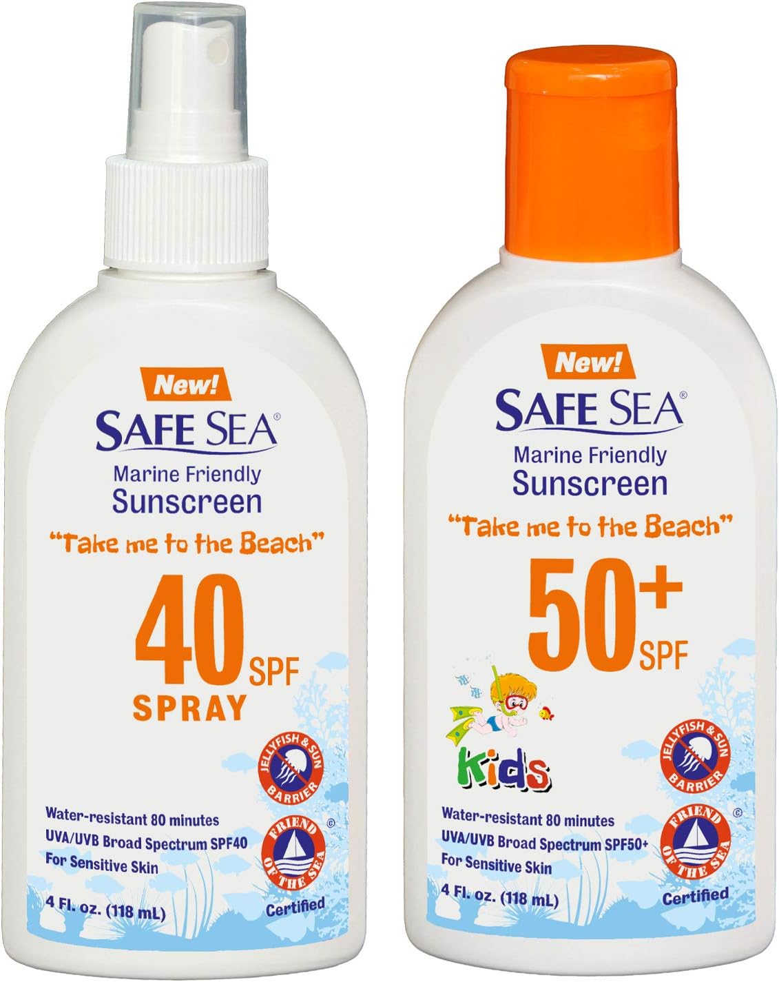 SAFE SEA Double pack Anti-jellyfish Sting Protective Lotion- SPF40 Spray and SPF50 for kids- Hypoallergenic Jellyfish & Lice Repellent Sunscreen for (4oz Bottle, 2 Pack)