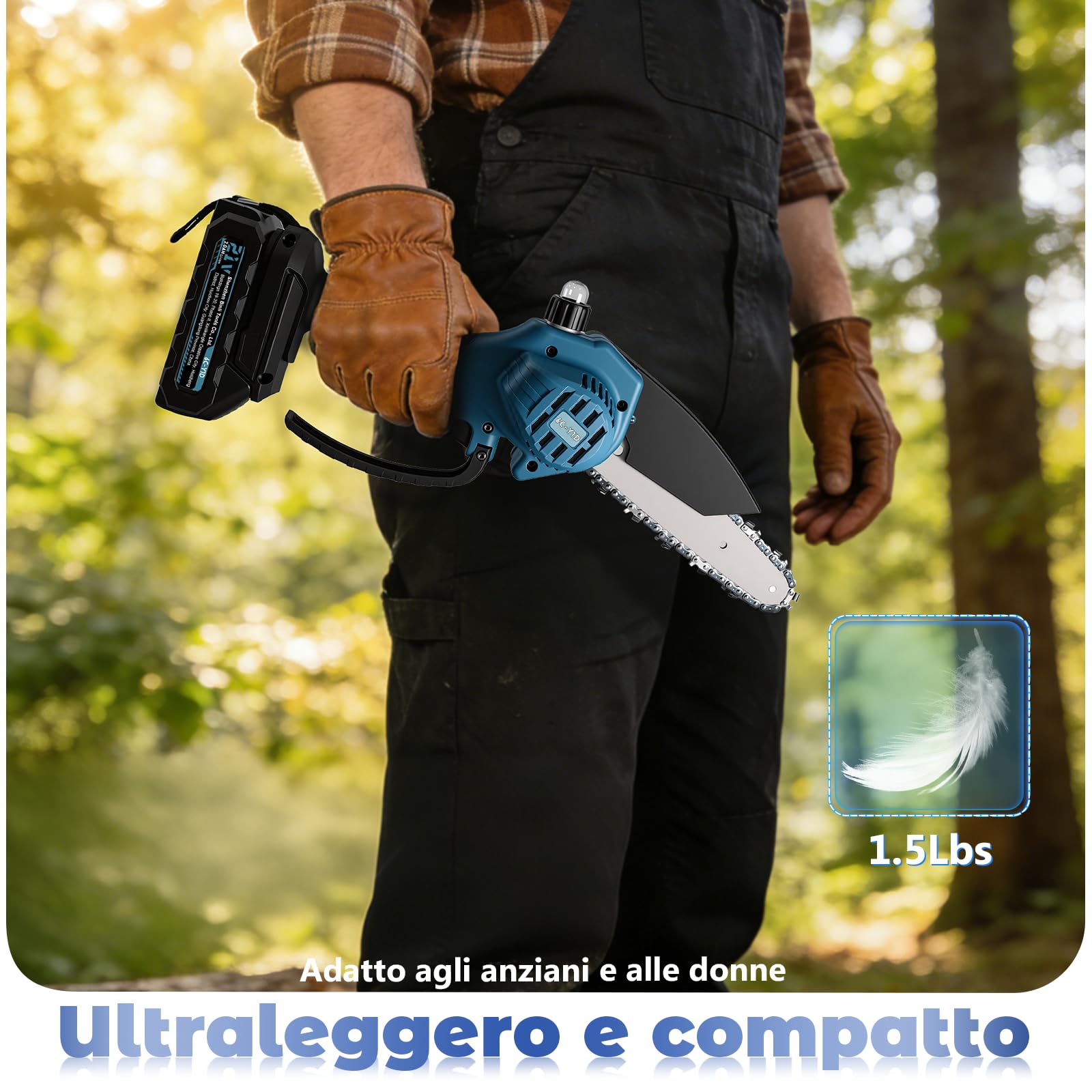 Mini motosega con batteria da 4000 mAh, 6 pollici, mini motosega elettrica con olio automatico e batteria da 2 × 2000 mAh, batteria per cesoie da giardino, potatura potatura (blu)