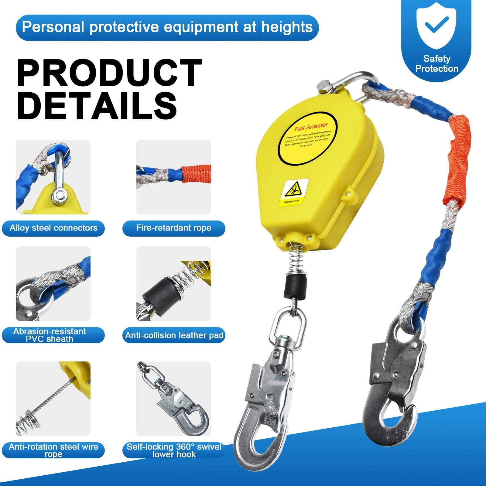 Dispositivo Anticaduta Retrattile Certificato CE, Dispositivo di Sicurezza Anticaduta con Gancio Girevole a 360°, Anticaduta a Richiamo Automatico per Lavori ad Alta Quota, 150kg(Giallo,20m)