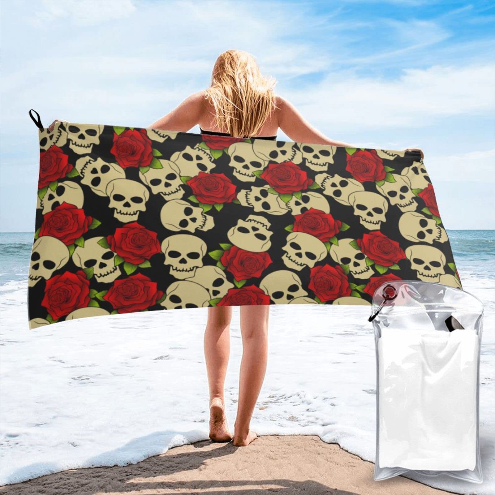 Lawenp Skulls and Rose Microfiber Beach Towel Adults Large Quick Drying Bath Towel Travel Towels with Pouch 31.5"x63"