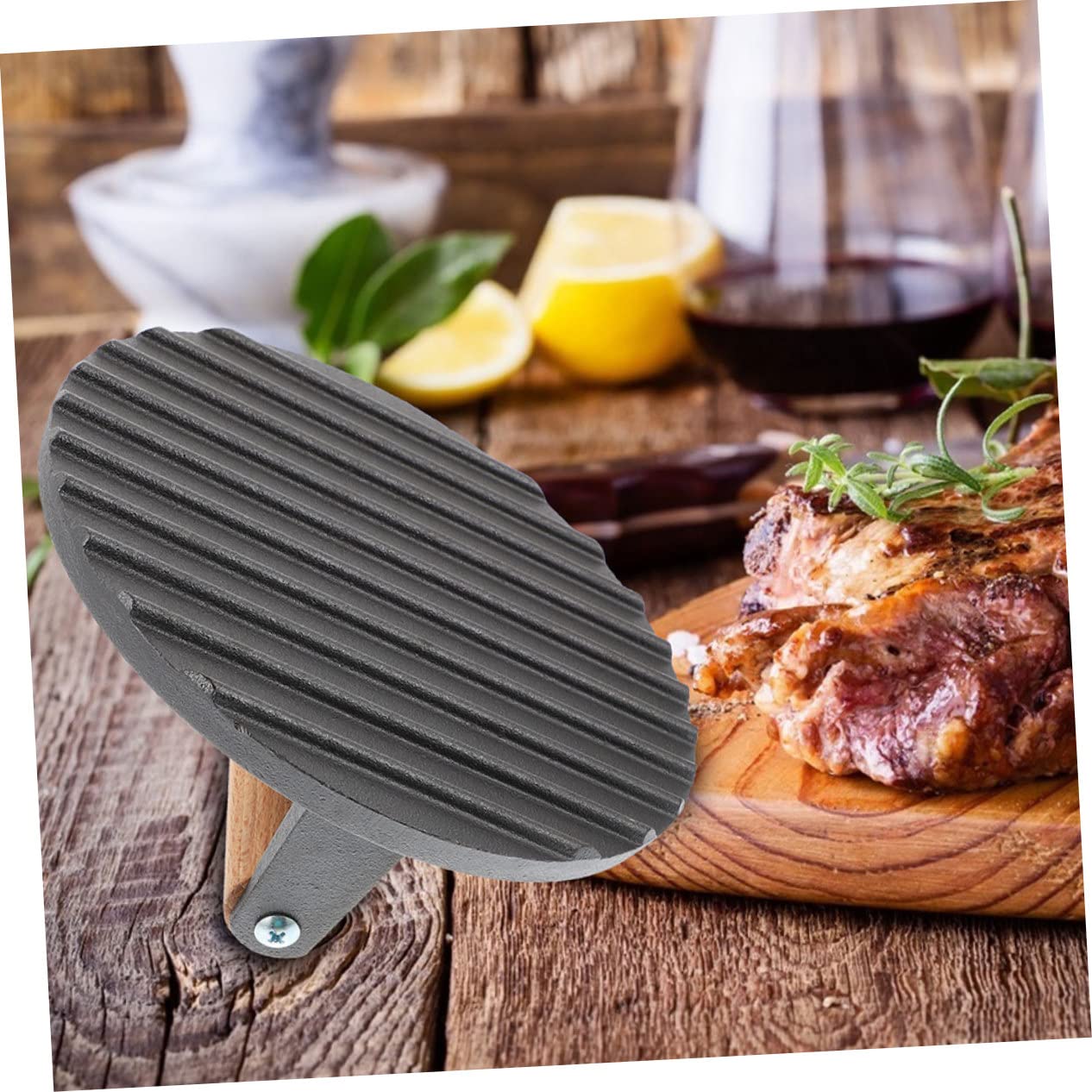 Runde Grillpresse aus Gusseisen mit Holzgriff Antihaftbeschichtet Robust und Formstabil für Steak Burger und Bacon Am Grill