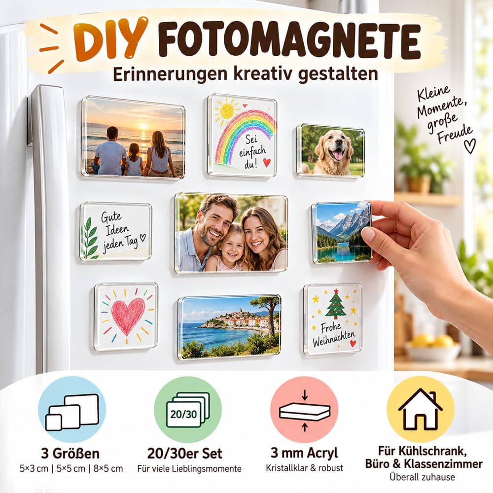 DIY Acrylic Fridge Magnet Kit,3 mm Dick Verschiedene GrößEn DIY-Bastelset FüR KüHlschrankmagnete,FüR KüChen, BüRos Und Klassenzimmer Sowie FüR Personalisierte Geschenke (30PCS - 5 * 8 CM)