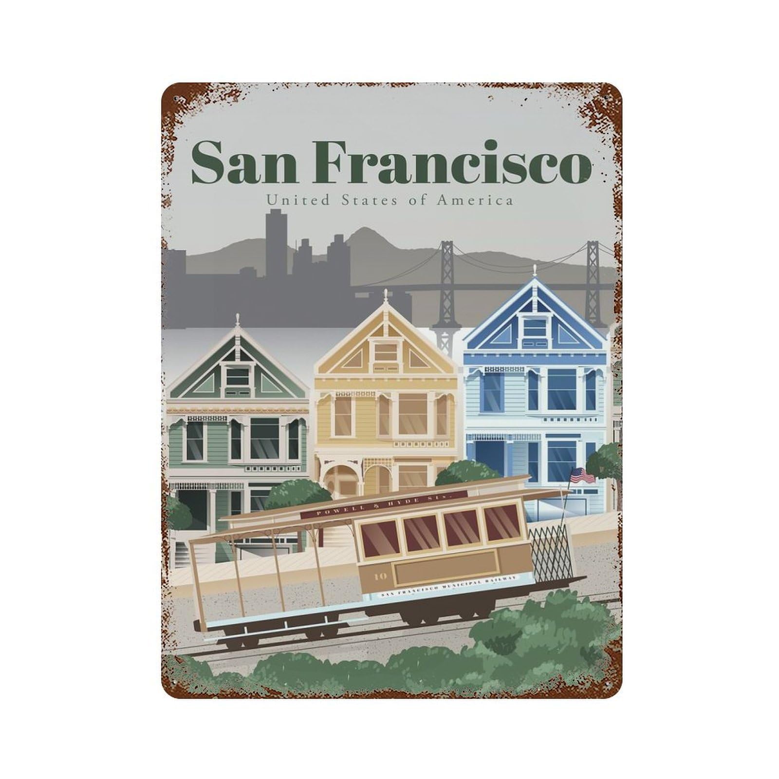 Aged Metal Wall Plaque with Travel to San Francisco Design 15.7"x11.8", for Garage, Bar And Workshop Decor, Rustic Home Decor