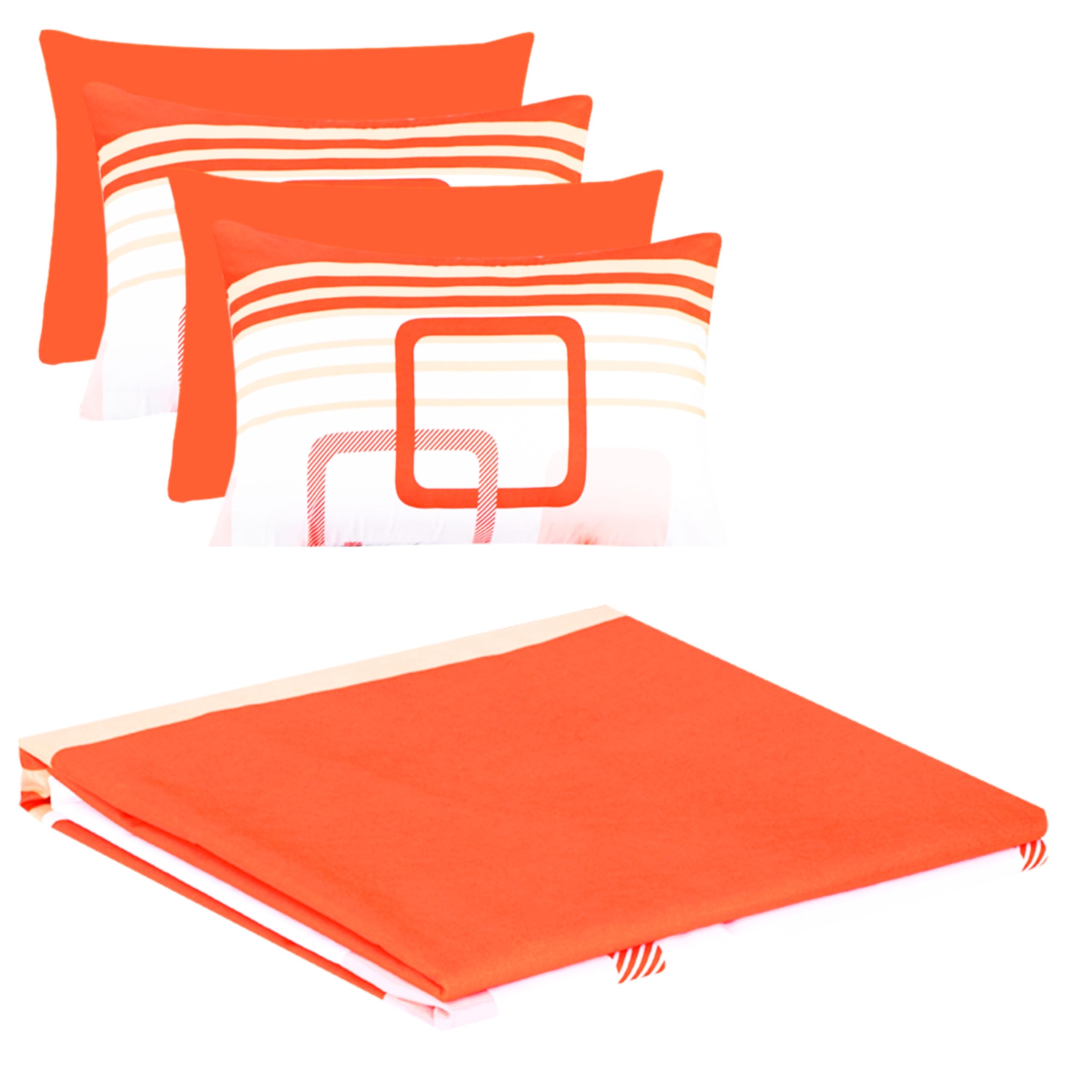 6Pcs Bed Sheet Set Queen Size Orange White Geometric Soft Microfiber Bedding Sets with 1 Square Rectangle Patterned