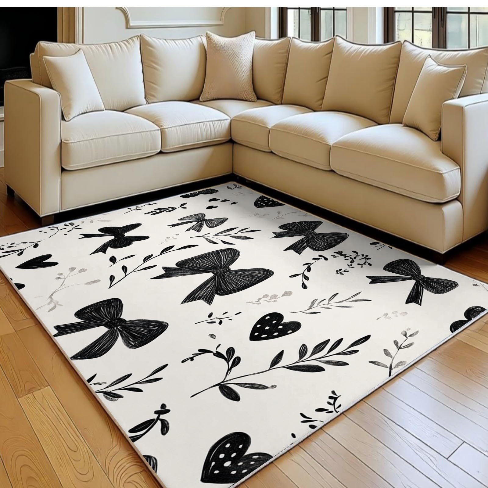 Grand tapis de salon 180x270 cm noir à motifs arcs et feuilles lavable en machine
