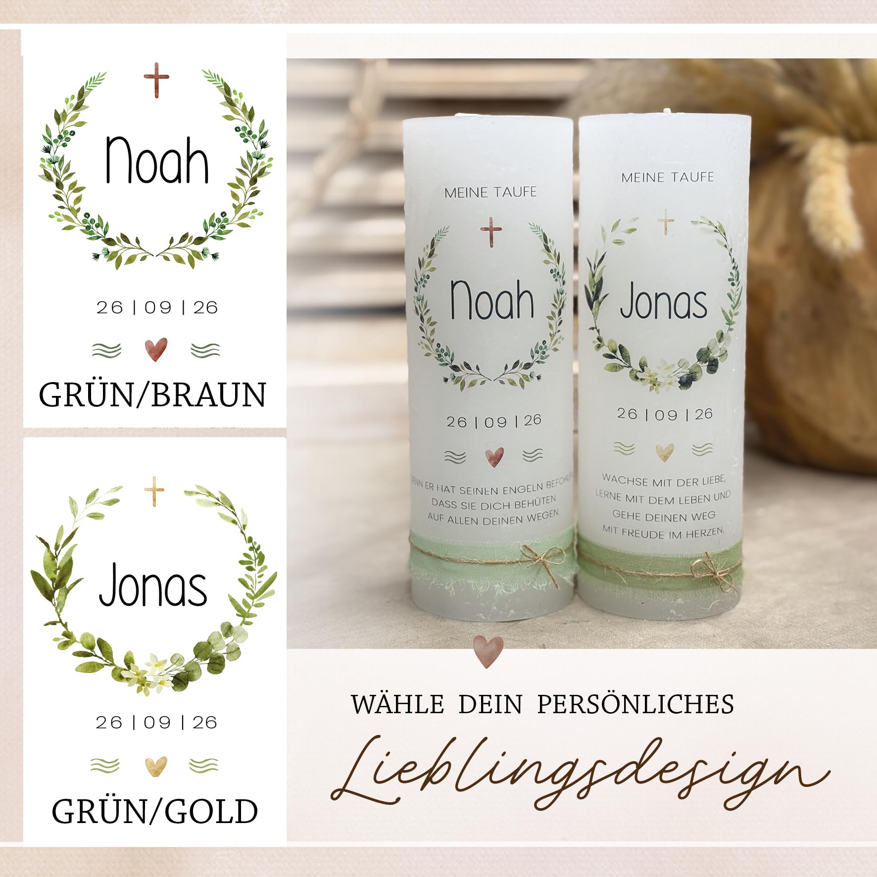 Personalisierte Taufkerze mit Name & Datum | Rustikkerze 7x20 cm | Geschenk zur Taufe Mädchen Junge | Individuelle Kerze mit Spruch | Kranz Motiv (Brombeer)