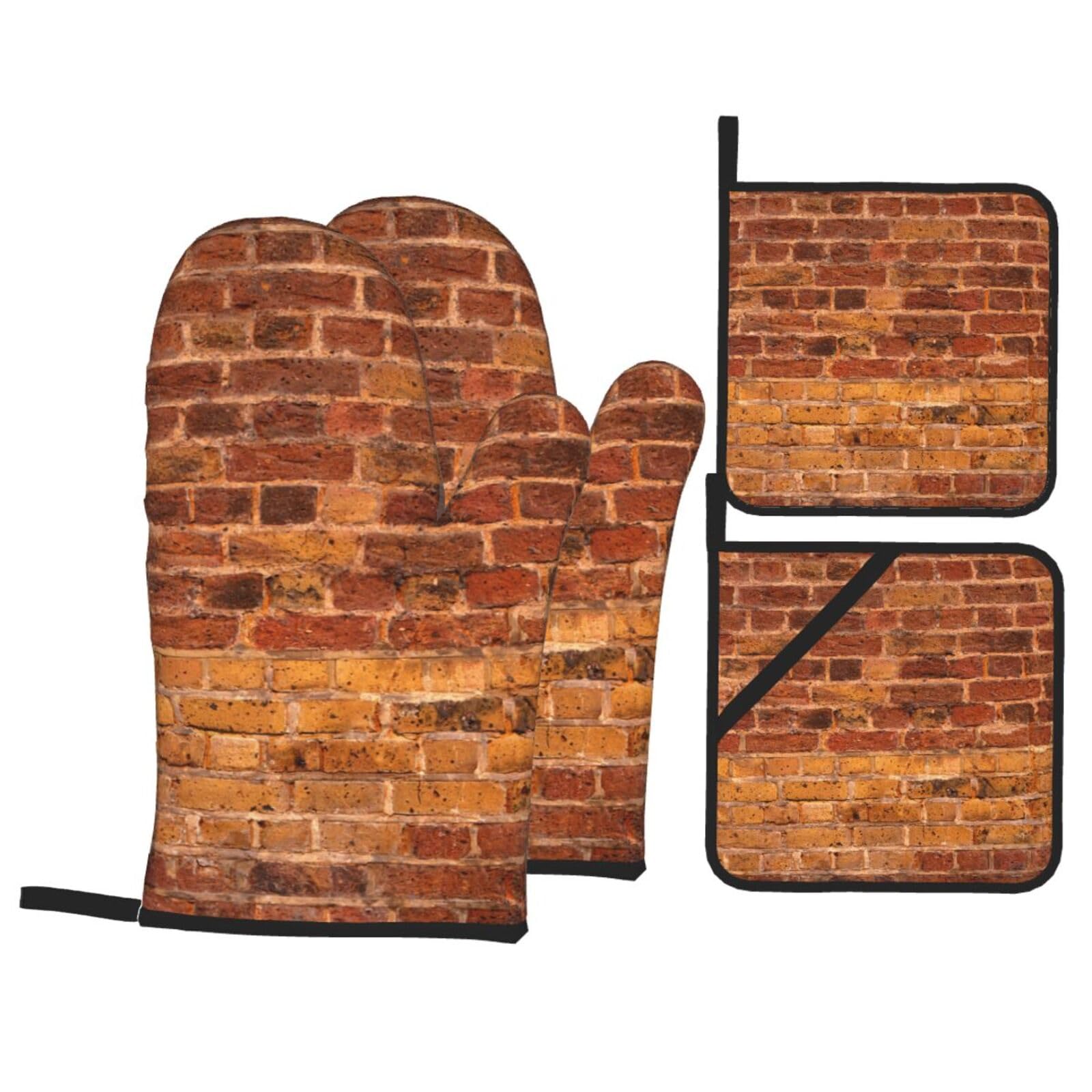 Industrial Brick Wall Background Print 4-Piece Heat-Resistant Oven Waterproof Kitchen Gloves Cooking Roasting Essential