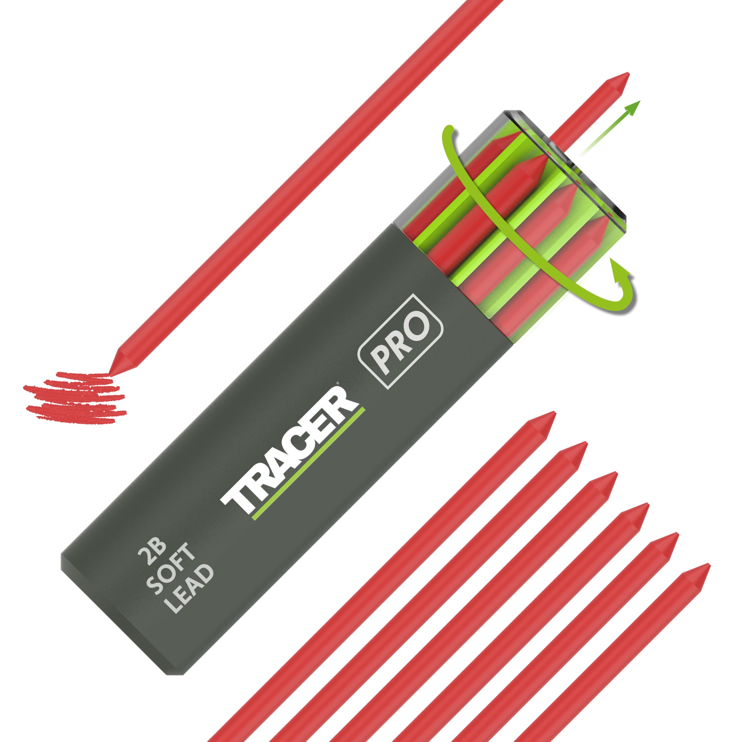 Tracer Tough Construction Pencil Replacement Leads Set - Red, 6 x 5.2mm. High Visibility Red Tough Graphite Leads. Set of 6 x Pencil refills