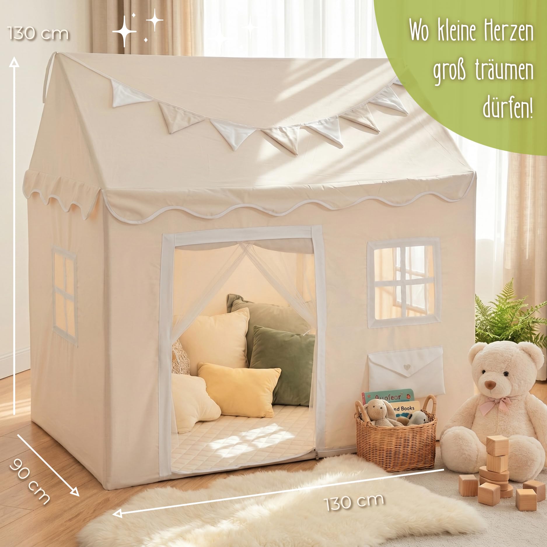 LIONHERZ® DAS ORIGINAL Spielhaus mit Briefkasten für Kinder | Indoor Spielzelt mit Matte & Wimpelkette | Kinderspielhaus mit 3 Fenstern & blickdichtem Türvorhang | Hauszelt Kinderzimmer (Cremeweiß)