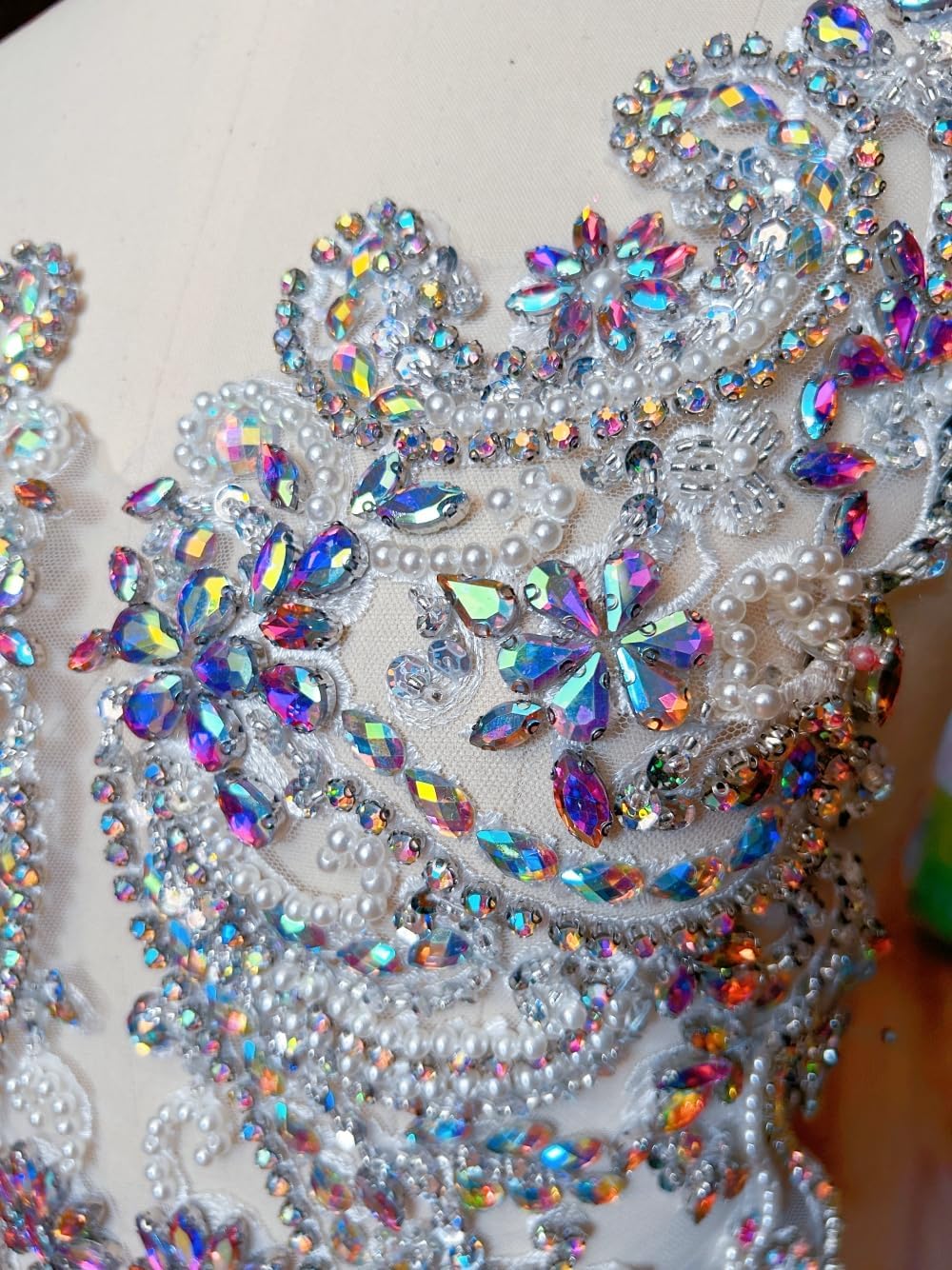 Handmade Rhinestones Lace Appliques Sew on Glass Beads Bodice Trim Patches Accessory for Dress Clothes (AB Color)