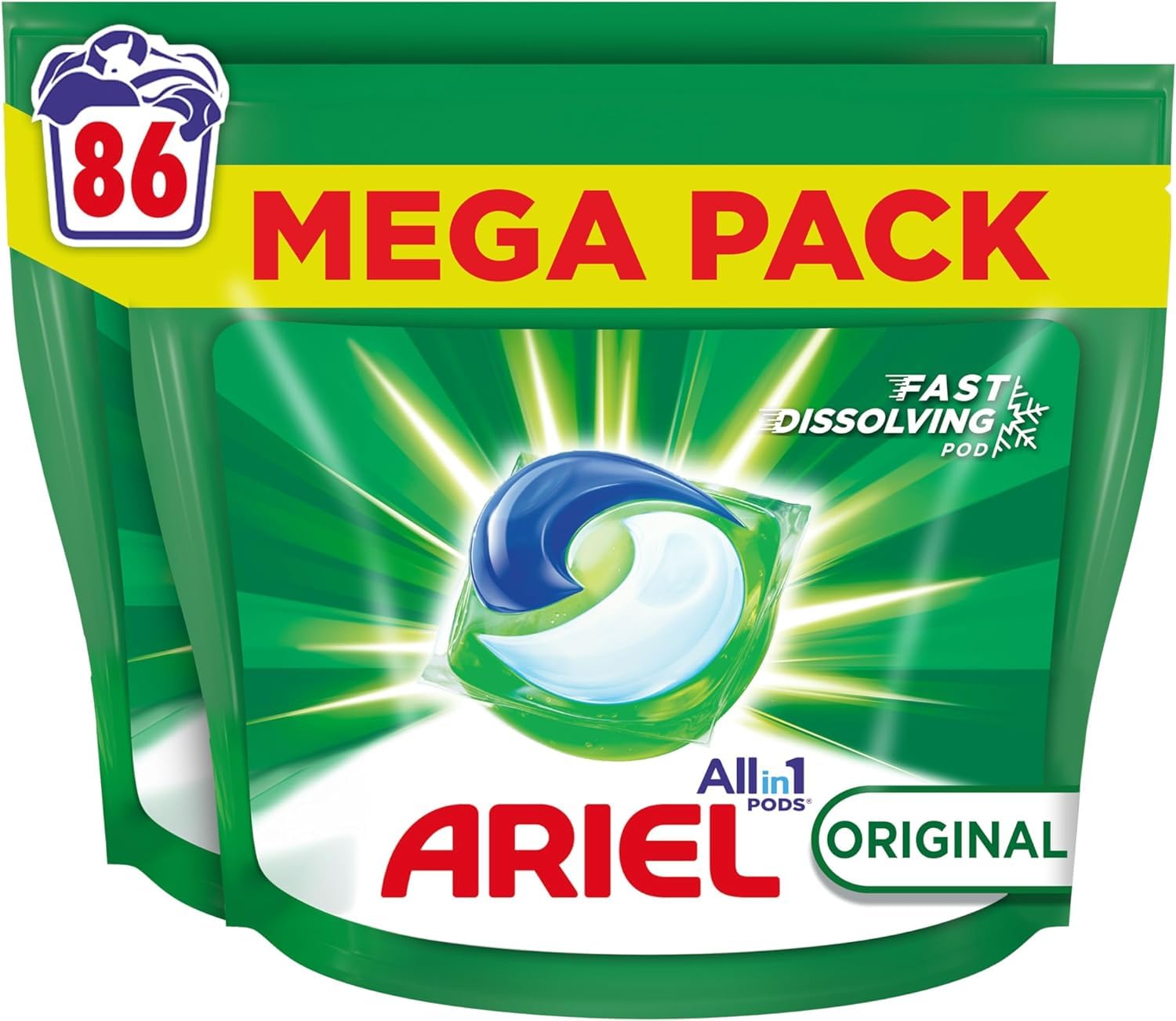 Ariel All-in-1 PODS®, płyn do prania kapsułki z detergentem do prania 86 prań, oryginalne, doskonałe usuwanie plam w 1 praniu, olśniewające w zimnej i krótkich opakowaniach (2 sztuki)