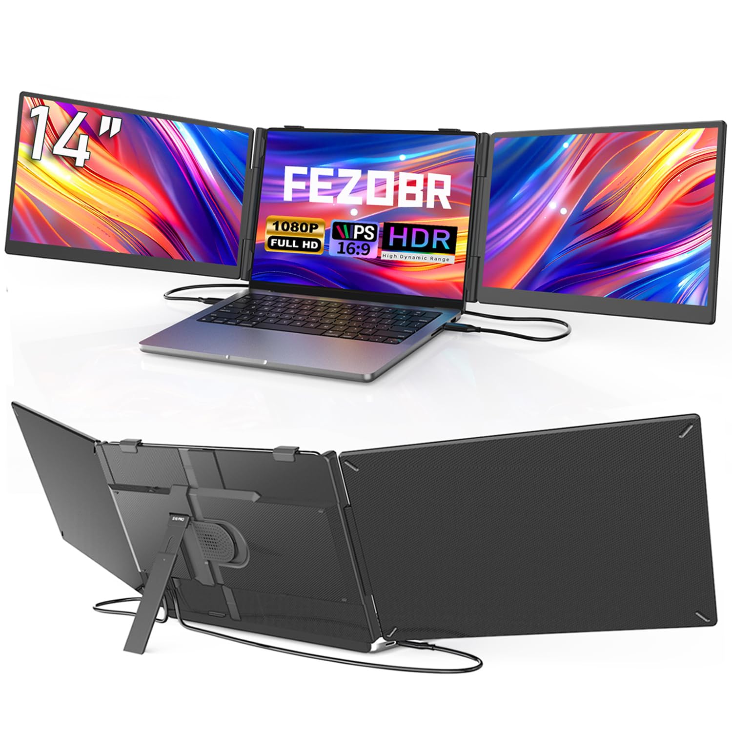 Laptop Screen Extender, 14" FHD 1080P Ultra-Thin Triple Portable Monitor, USB-C/USB-A Connection, Plug & Play, Travel Monitor for Mac/Windows/Chrome, Fits 13-17.3" Laptops - 1